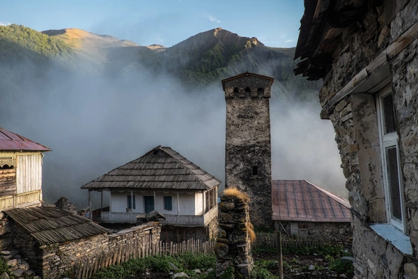 Adishi village, Svaneti, Georgia during hut-to-hut trekking tour in Caucasus mountains