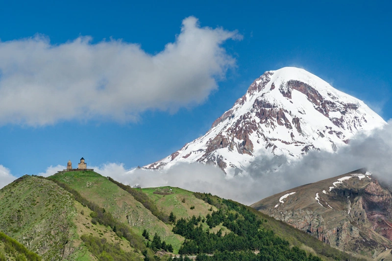 Gergeti church and Mt Kazbek panorama